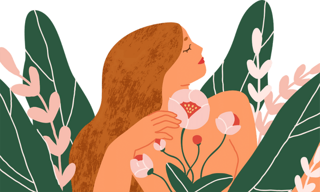 איור של אישה מבעד לעלים ירוקים ופרחים ורודים